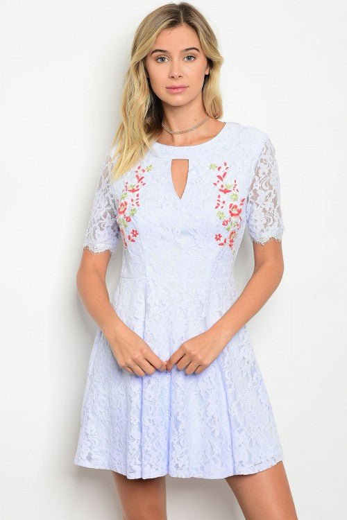 Light Blue Short Sleeve Lace Floral Detail Skater Dress Light Blue Short Sleeve Lace Floral Detail Skater Dress