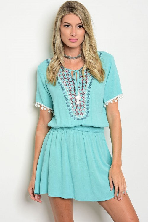 Aqua Embroidered Front Smoked Waist Dress Aqua Embroidered Front Smoked Waist Dress