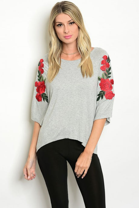 Heather Gray Floral Sleeve Jersey Top