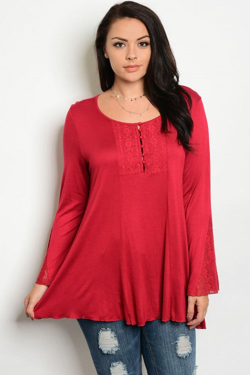 Red Lace Detail Long Sleeve Tunic Top - Plus Size