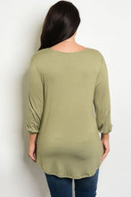 Light Olive Embroidery Detail 3/4 Sleeve Peasant Top - Plus Size