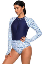 Navy and White Printed Zip Front Long Sleeve Rash Guard One Piece Swimsuit