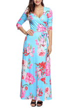 Light Blue Pink Floral Wrap Maxi Dress