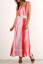 Tie Dye Print Red & White Sleeveless Elastic Lace Waist Maxi Dress