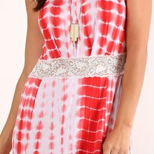 Tie Dye Print Red & White Sleeveless Elastic Lace Waist Maxi Dress