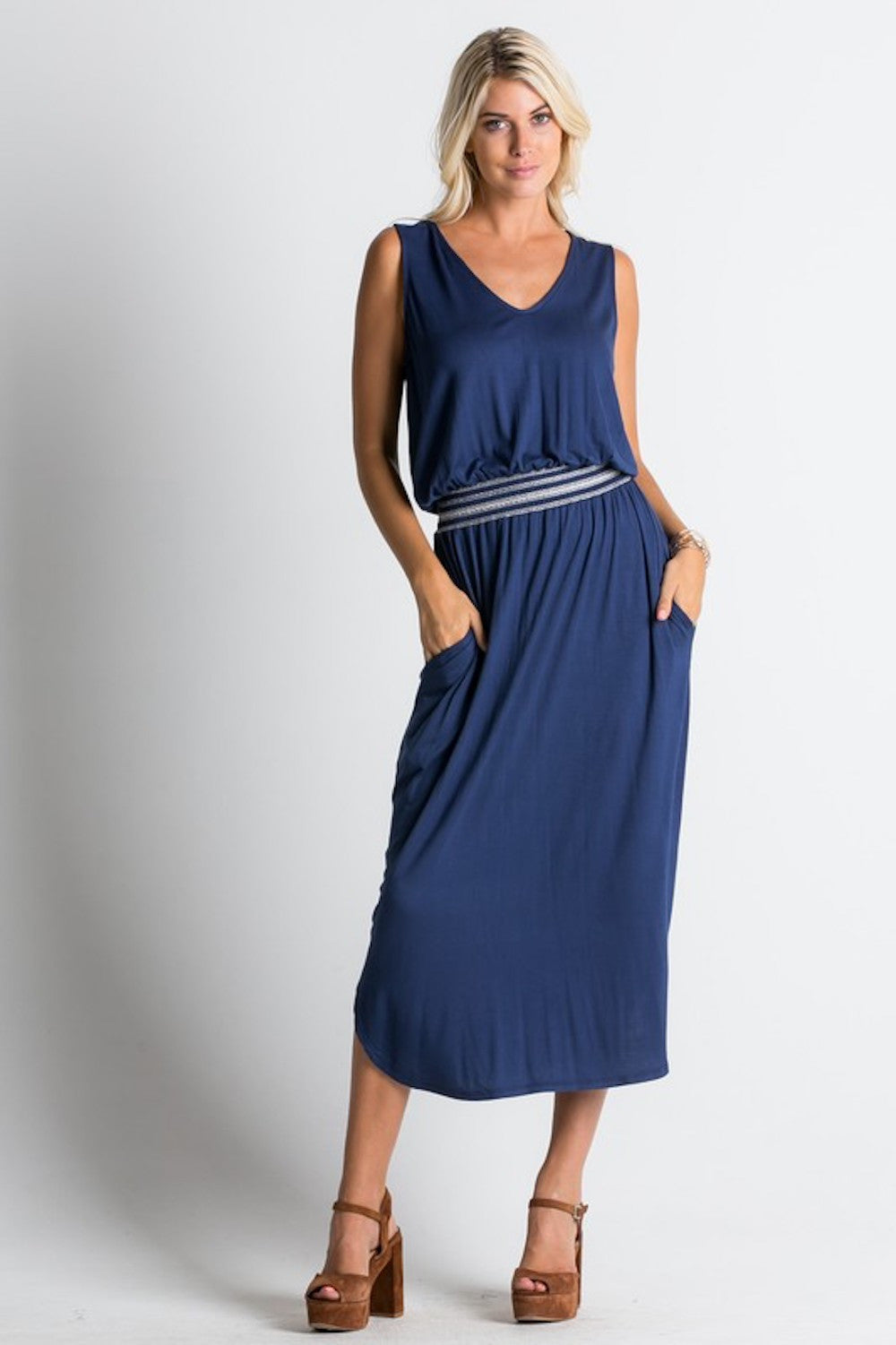 Navy Sleeveless Elastic Waist Knit Pocket Dress