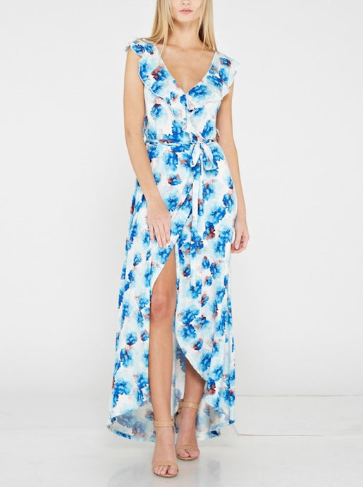 Blue Flower Ruffle Jersey Maxi Dress