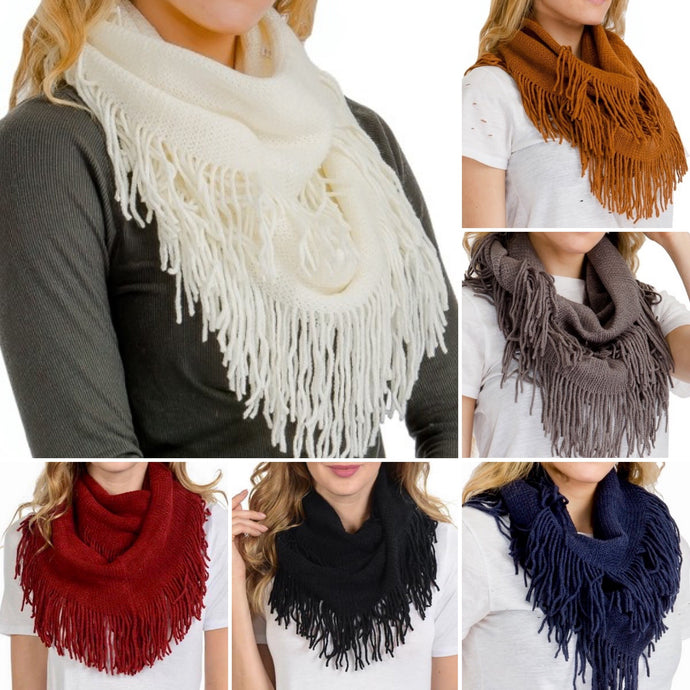 Ribbed Knit Super Soft Fringed Infinity Scarves in 6 Colors
