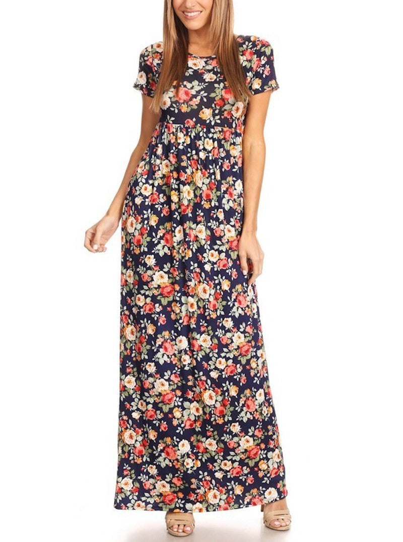Navy Floral Short Sleeve Maxi Dress