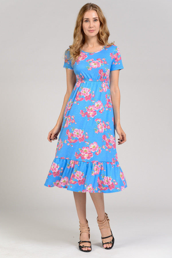 Blue Pink Floral Elastic Waist Short Sleeve Knit Pocket Dress