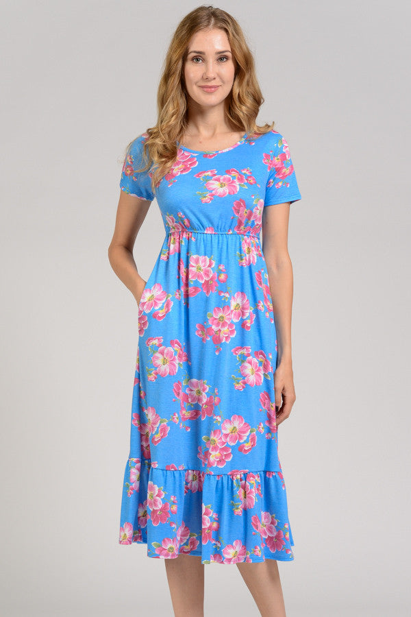 Blue Pink Floral Elastic Waist Short Sleeve Knit Pocket Dress – Lady ...