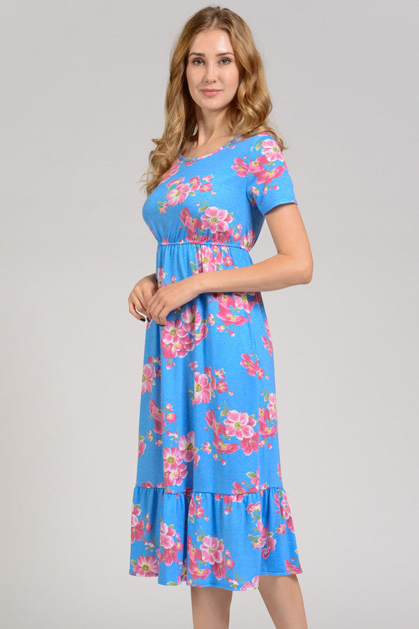 Blue Pink Floral Elastic Waist Short Sleeve Knit Pocket Dress – Lady ...