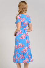 Blue Pink Floral Elastic Waist Short Sleeve Knit Pocket Dress