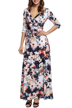 Multi Dark Floral 3/4 Sleeve Wrapped Belted Maxi Dress