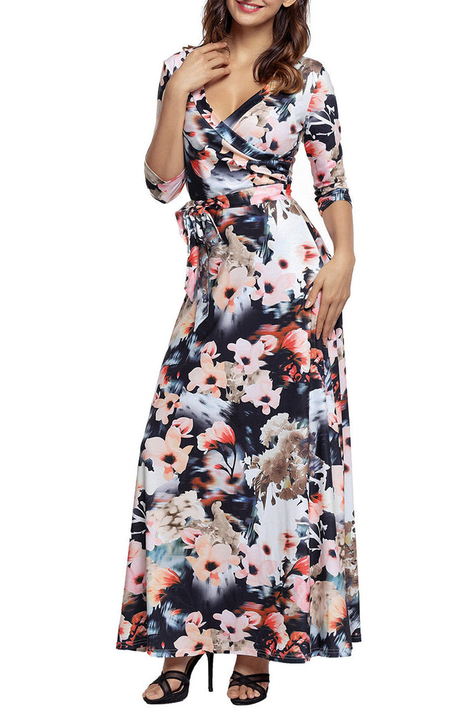 Multi Dark Floral 3/4 Sleeve Wrapped Belted Maxi Dress – Lady Laila ...
