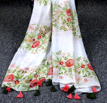 Woman Cotton Scarf White Floral Print with Tassels