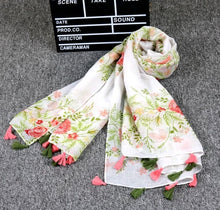 Woman Cotton Scarf White Floral Print with Tassels