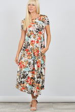 Coral Grey Elastic Waist Short Sleeve Floral Knit Pocket Dress