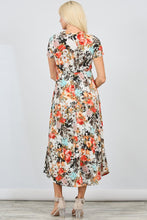 Coral Grey Elastic Waist Short Sleeve Floral Knit Pocket Dress