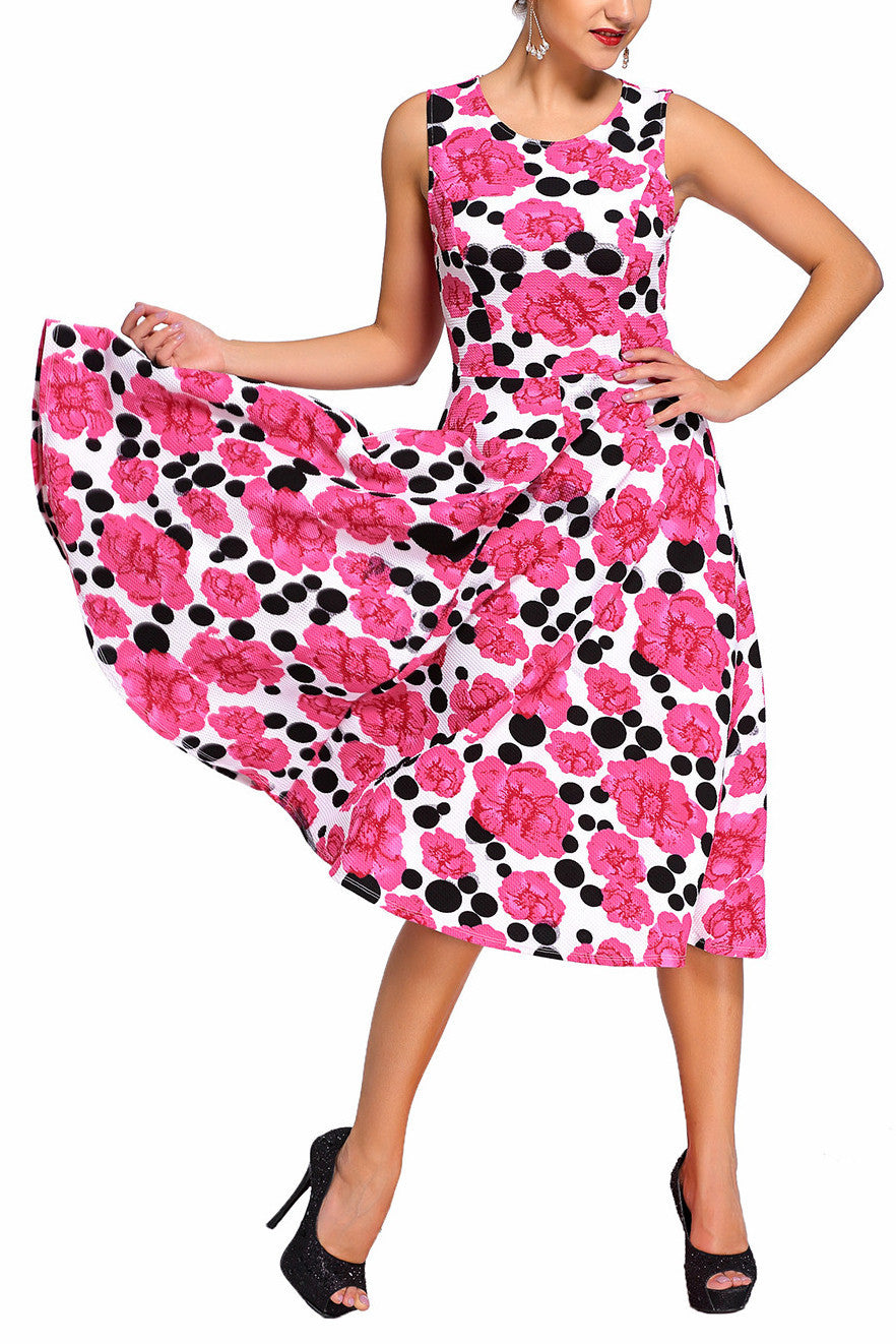 Pink Floral Black Dot Swing Skater Dress
