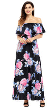 Black Off Shoulder Pink Floral Ruffle Maxi Dress