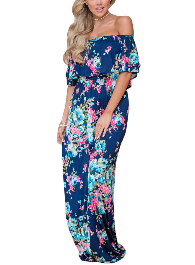 Dark Blue Floral Off Shoulder Ruffle Maxi Dress – Lady Laila Boutique