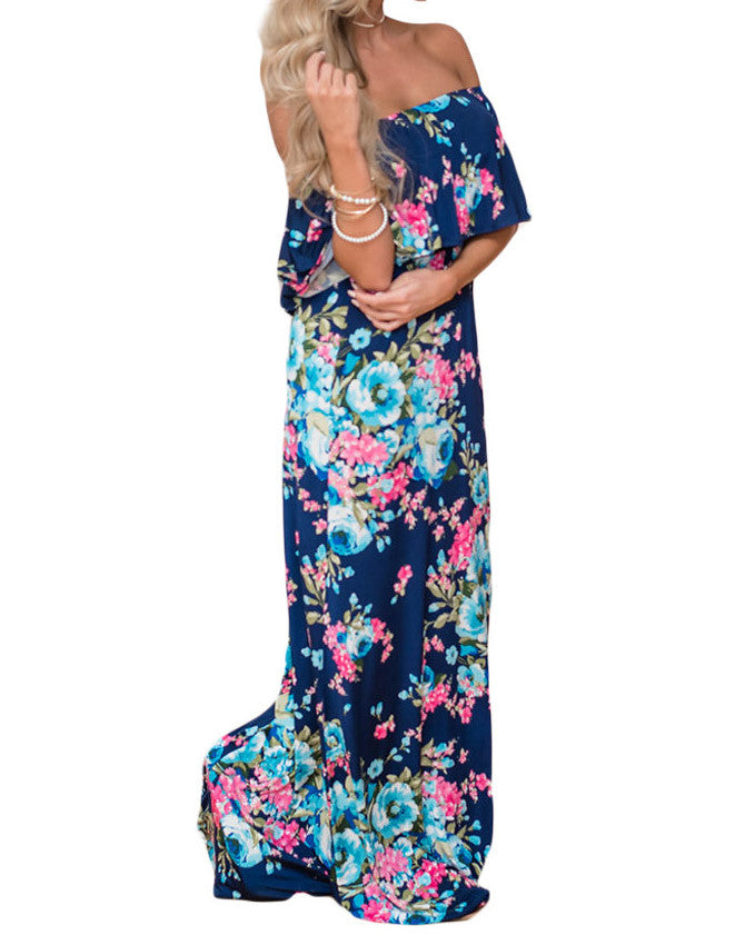 Dark Blue Floral Off Shoulder Ruffle Maxi Dress – Lady Laila Boutique