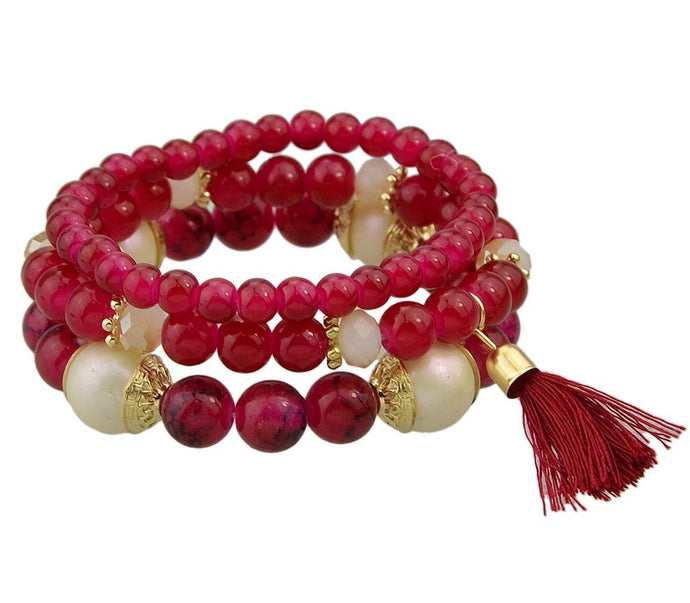 Red Crystal & Rhinestone Beads Elastic Bracelet Jewelry Set of 3