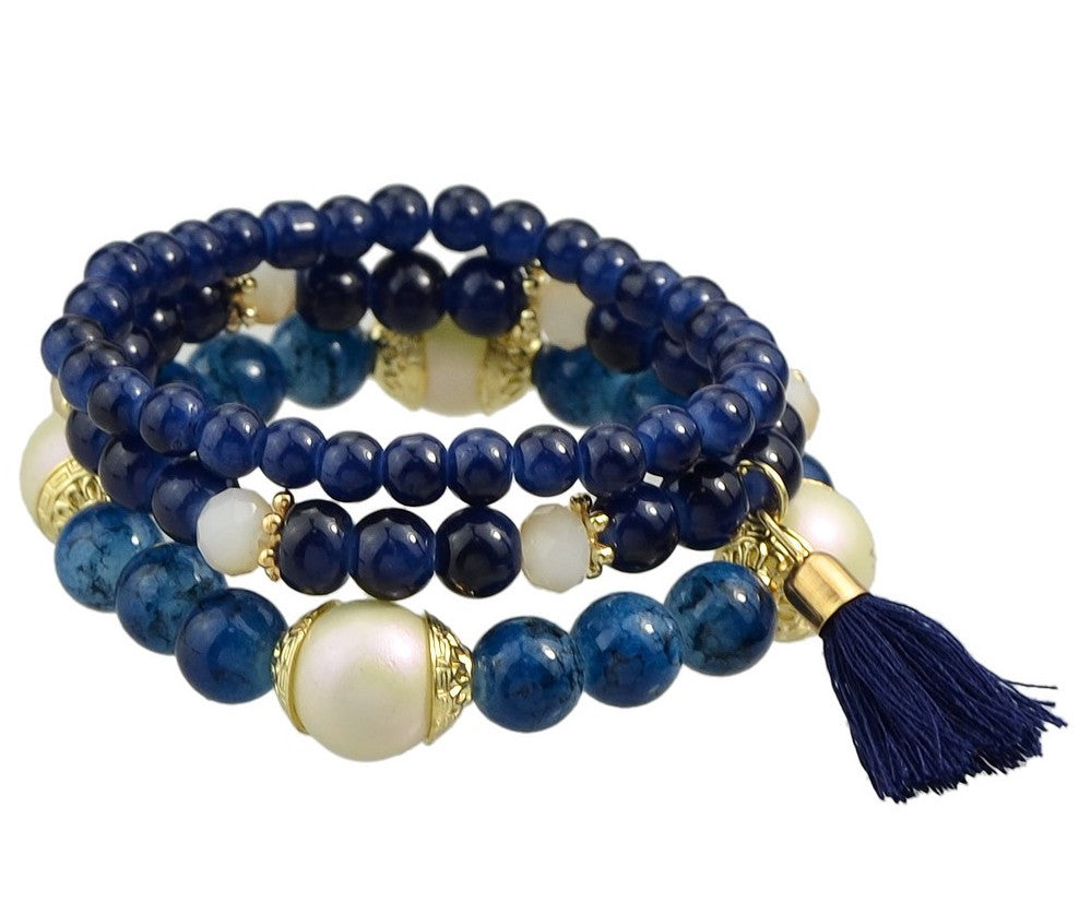 Navy Crystal & Rhinestone Beads Elastic Bracelet Jewelry Set of 3