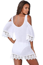 White Crochet Lace Crinkle Cold Shoulder Beach Cover Up