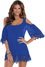 Royal Blue Crochet Lace Crinkle Cold Shoulder Beach Cover Up