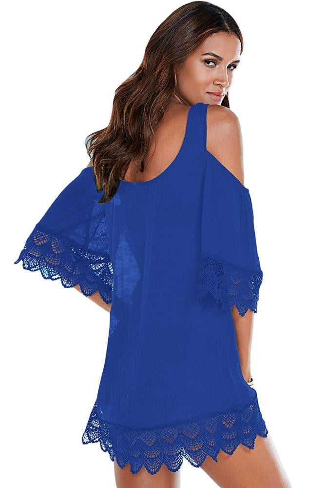 Royal Blue Crochet Lace Crinkle Cold Shoulder Beach Cover Up L Royal Blue Crochet Lace Crinkle Cold Shoulder Beach Cover Up L