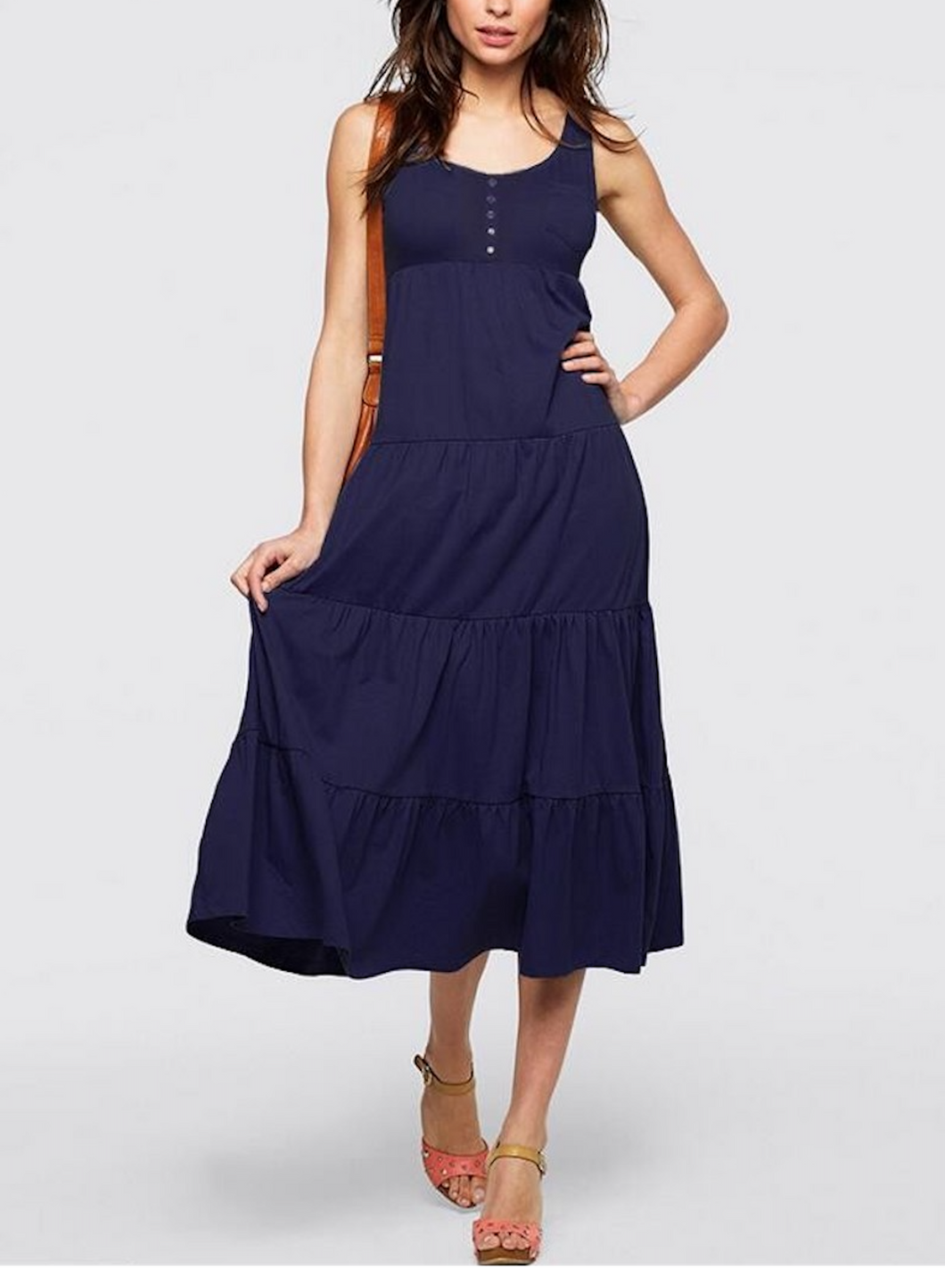 Navy Blue Casual Sleeveless U Collar Button Detail Tiered Beach Dress