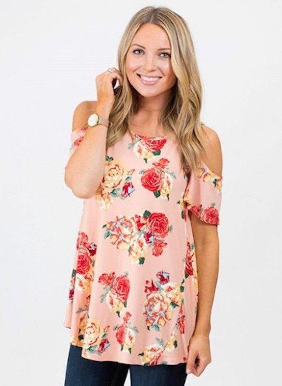 Blush Red Floral Loose Cold Shoulder Tunic Top