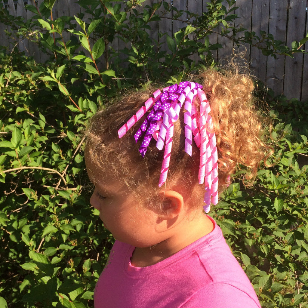 Girls Curly High Quality Ribbon Ponytail Holder- Purple/ Pink