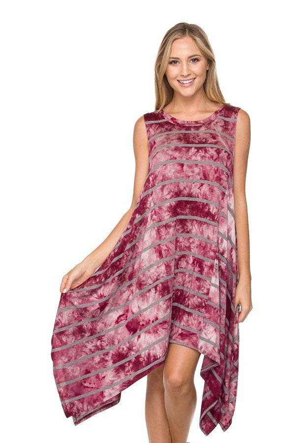 Burgundy Tie-dye Print Asymmetrical Hem Dress Burgundy Tie-dye Print Asymmetrical Hem Dress