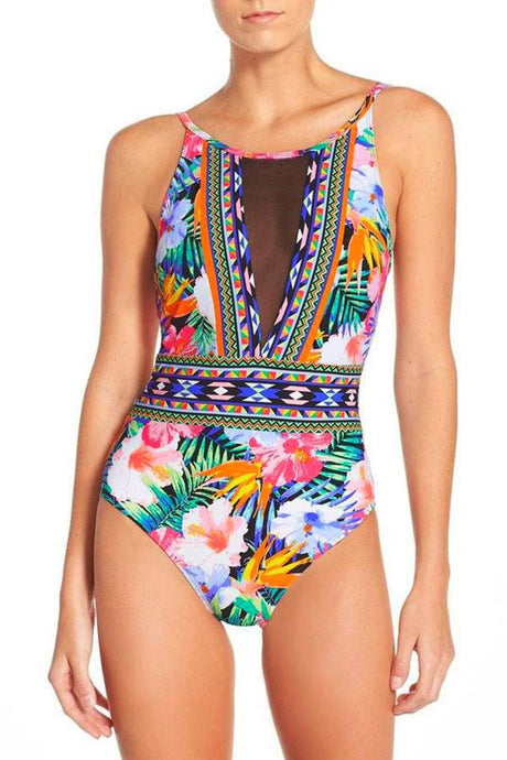 Multicolor Tropical Print Mesh V-Neck One Piece Swimsuit