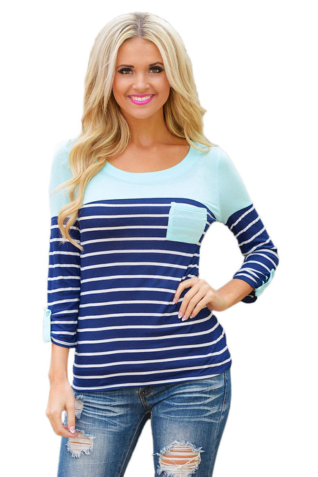 Mint Green Shoulder Blue & White Striped Knit Top