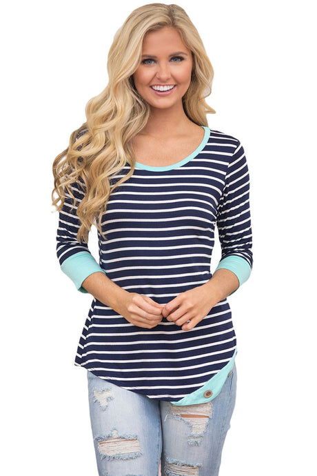 Mint Trim Accent Striped Side Button Casual Top