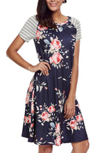 Navy Blue Floral Print A-line Knit T-shirt Dress