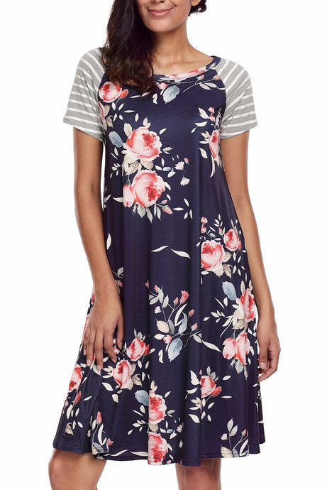 Navy Blue Floral Print A-line Knit T-shirt Dress