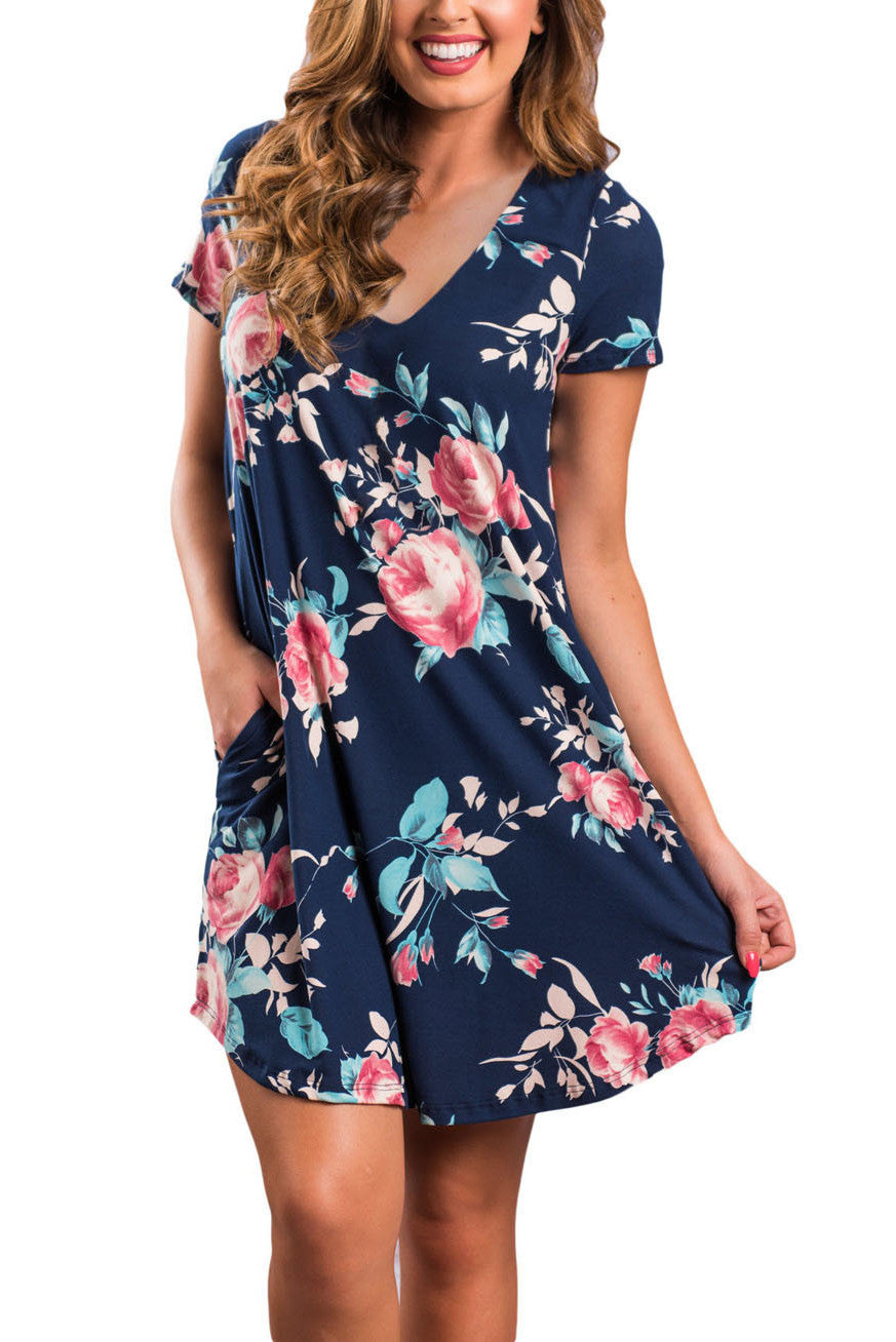 Navy blue Floral V-neck Pocket Shirt Dress
