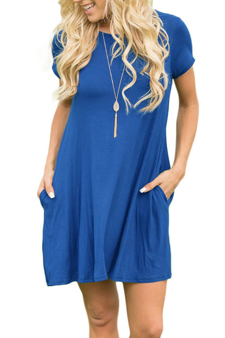 Royal Blue Short Sleeve Flared Pocket Tunic Dress