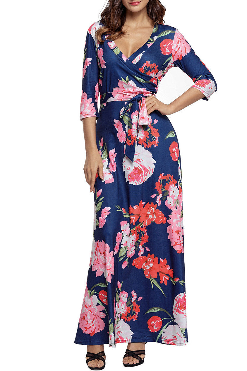 Navy Floral Print 3/4 Sleeve Wrapped Belted Maxi Dress – Lady 