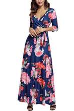Navy Floral Print 3/4 Sleeve Wrapped Belted Maxi Dress