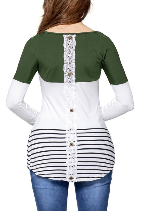 Olive Green Color Block Lace Patch Long Sleeve Tunic Top