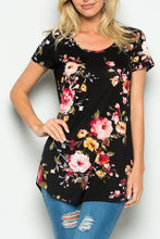 Black Floral Short Sleeve High Low Knit Top