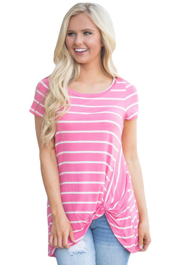 Pink White Stripe Front Knot Short Sleeves Tee Top