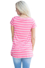 Pink White Stripe Front Knot Short Sleeves Tee Top