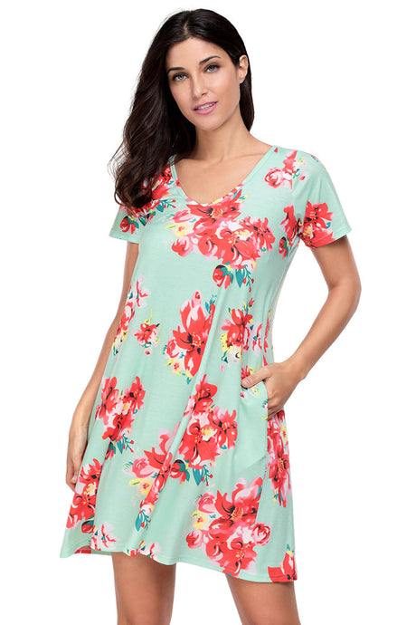 Light Green Floral V-neck Stretch Pocket Shirt Dress